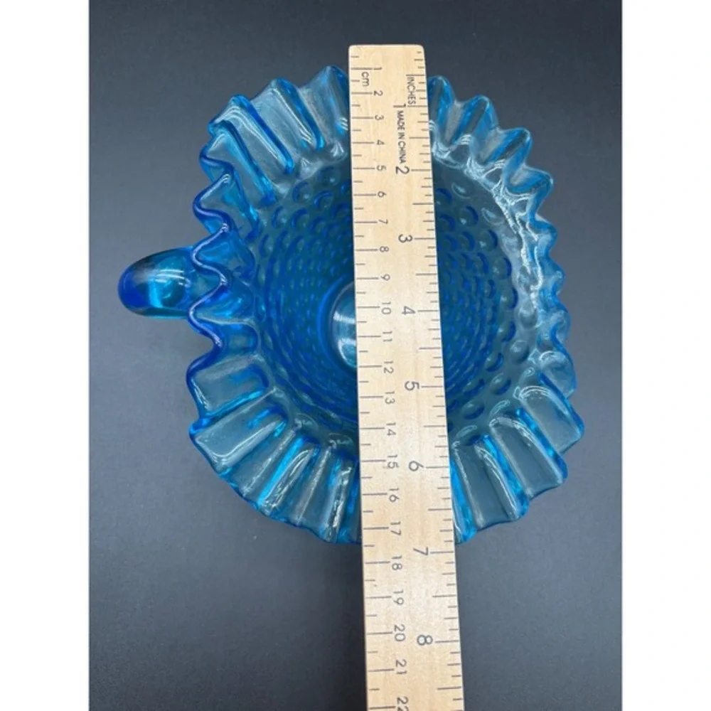Blue Hobnail‎ Glass Ruffled Creamer Pitcher Dish Vintage